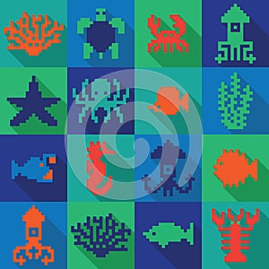 Seamless colorful pixel deep sea pattern