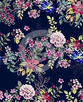 Seamless Colorful Small Flowers with Leaves. Modern Watercolor Floral Design on Darkblue. photo