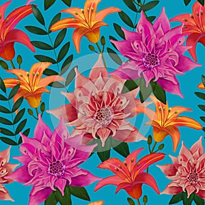 Seamless Colorful Vibrant Floral Pattern on a Blue Background