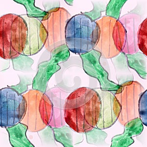 Seamless Colour circles and green strips watercolor artist wall