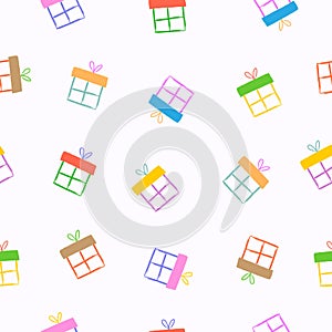 Seamless colourful gift box pattern vector in a hand drawn style, on a white background