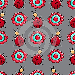 Seamless colourful pattern with ladybugs and flower