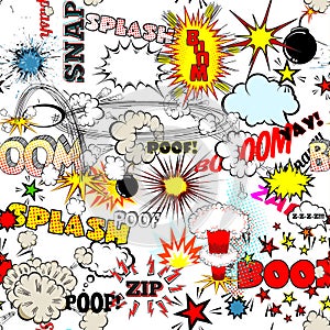 Seamless Comic Book Explosion, Bombs And Blast Set. Bubbles for speech, different sounds vector