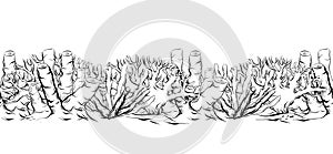 Seamless contour border of coral and reef. Outline drawing of marine life. Vector black and white texture