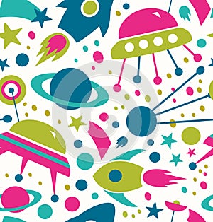 Seamless contrast cosmic pattern Decorative space background with rockets, spaceships, comets