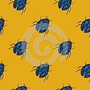 Seamless contrast pattern with navy blue bugs elements. Yellow background. Exotic insects ornament