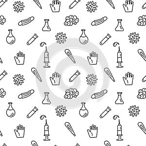 Seamless coronavirus pattern hand-drawn Doodle illustration. Quarantine, pandemic, preventive measures, vaccinations. Vector photo