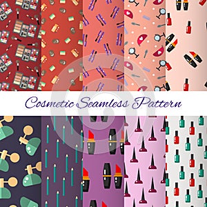 Seamless cosmetic pattern. Make up set design elements - illustration.