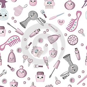 Seamless cosmetics pattern. For children`s accessories. lipstick, cream, mascara, comb. Games with dolls for girls