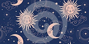 Seamless cosmic pattern with sun and crescent moon, vintage background for astrology and tarot. Sun with face and stars