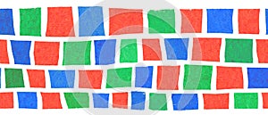 Seamless creative border abstract hand drawn block stripes. Repeating pattern horizontal square shapes red green blue. Colorful