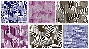 Seamless cubes vector backgrounds set, rhombus and triangles boxes repeating tile patterns, 3D architecture and construction,