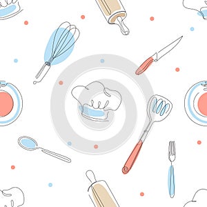 Seamless culinary pattern. Cook`s cap, knives, forks, spoons, rolling pins.