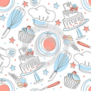 Seamless culinary pattern. Cook's cap, knives, forks, spoons, rolling pins.