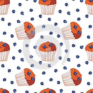 Seamless cupcake pattern with blueberry cupcake vector illustration. Sweet food. Background with birthday muffin