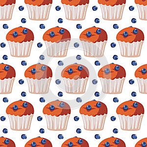 Seamless cupcake pattern with blueberry vector illustration. Sweet food. Confectionery, bakery cafe, restaurant menu