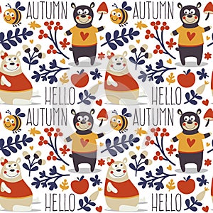 Seamless cute animal autumn pattern made with bear