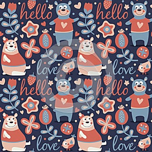 Seamless cute animal autumn pattern made with bear