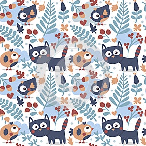 Seamless cute animal autumn pattern made with cat, bird, flower, plant, leaf, berry, heart, friend, floral nature acorn