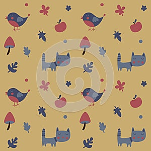 Seamless cute animal autumn pattern made with cat, bird, flower, plant, leaf, cherry