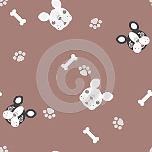 seamless cute animal pet french bulldog repeat pattern with bone, foot print in brown background