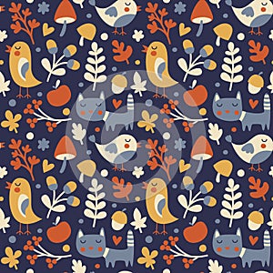 Seamless cute autumn pattern made with cat, bird, flower, plant, leaf, berry, heart, friend, floral, nature, acorn