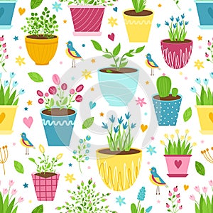 Seamless cute background with flowers in pots, birds, berries and leaves