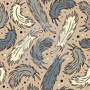 Seamless cute background with plumes. Decorative romantic pattern with feathers can be used for wallpapers, craft papers, prints,