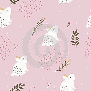 Seamless cute bunny rabbit pattern on pink pastel background