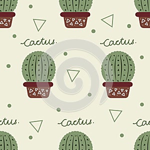 Seamless cute cactus pattern on light yellow background.
