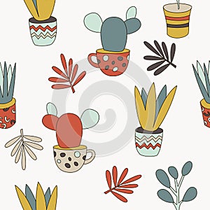 Seamless cute cactus vector pattern