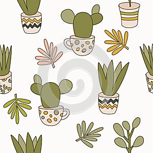 Seamless cute cactus vector pattern