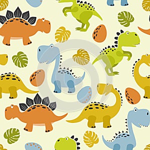 Seamless cute cartoon dinosaurs pattern. Vector colorful dino background