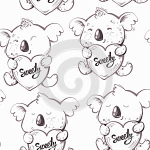 Seamless Cute Cartoon Koala holding heart Sweety Pattern Vector black and white