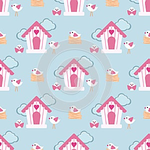 Seamless cute cartoon pattern with birds, birdhouses and clouds on a blue background.