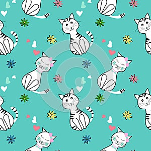 Seamless cute cats pattern with small flowers and hearts