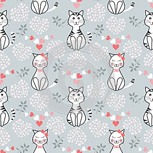 Seamless cute cats pattern with leaves and hearts on a grey background