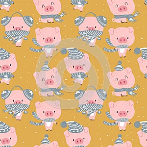 seamless cute celebrated baby pig blue pastel cartoon background pattern vector hand draw doodle comic art illustration