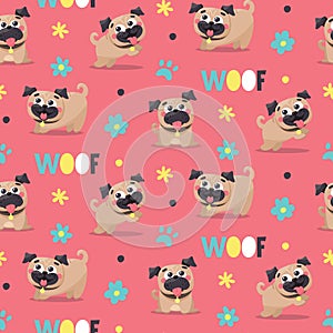 Seamless cute dog pattern with dogs, pugs, pet, puppy, paw, flowers, woof