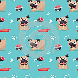 Seamless cute dog pattern with pugs, pet, puppy, woof, dog food, chicken leg, meat, sausages, paw