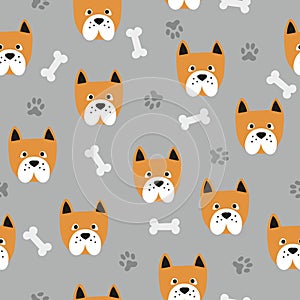 Seamless cute dog pattern. Vector background with bulldogs, paws and bones