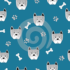 Seamless cute dog pattern. Vector background with watercolor bulldogs and bones