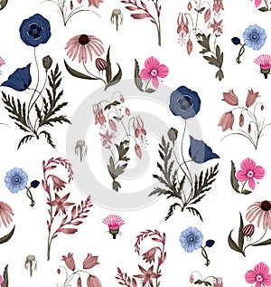 Seamless cute floral pattern. Blue and Pink flowers. Flower pattern on white background. Floral background. The elegant the templa