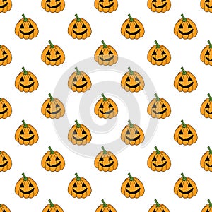 Seamless cute Halloween pattern with doodle Jack o lantern pumpkins on white background. Holiday print for fabric textile