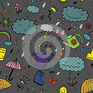Seamless cute hand-draw cartoon style color pattern with umbrella, zipper, cloud, rubber boot, drop, bow, watering can, rainbow,f
