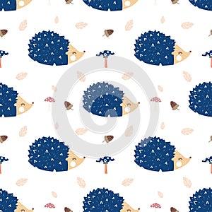 Seamless cute hedgehogs with mushrooms pattern vector illustration