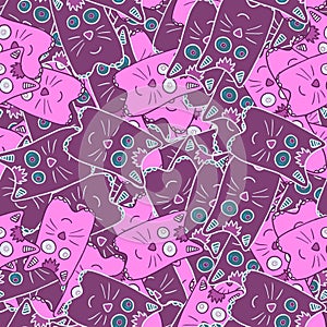 Seamless cute kitten cat background pattern in pink and violet color. Vector