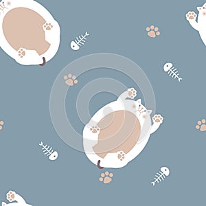Seamless cute lovely white cat with foot print paw and fish bone repeat pattern in blue background