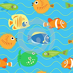 Seamless cute pattern with different tropical fish