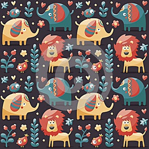 Seamless cute pattern made with elephants, lion,giraffe, birds, plants, jungle, flowers, hearts, leafs, stone